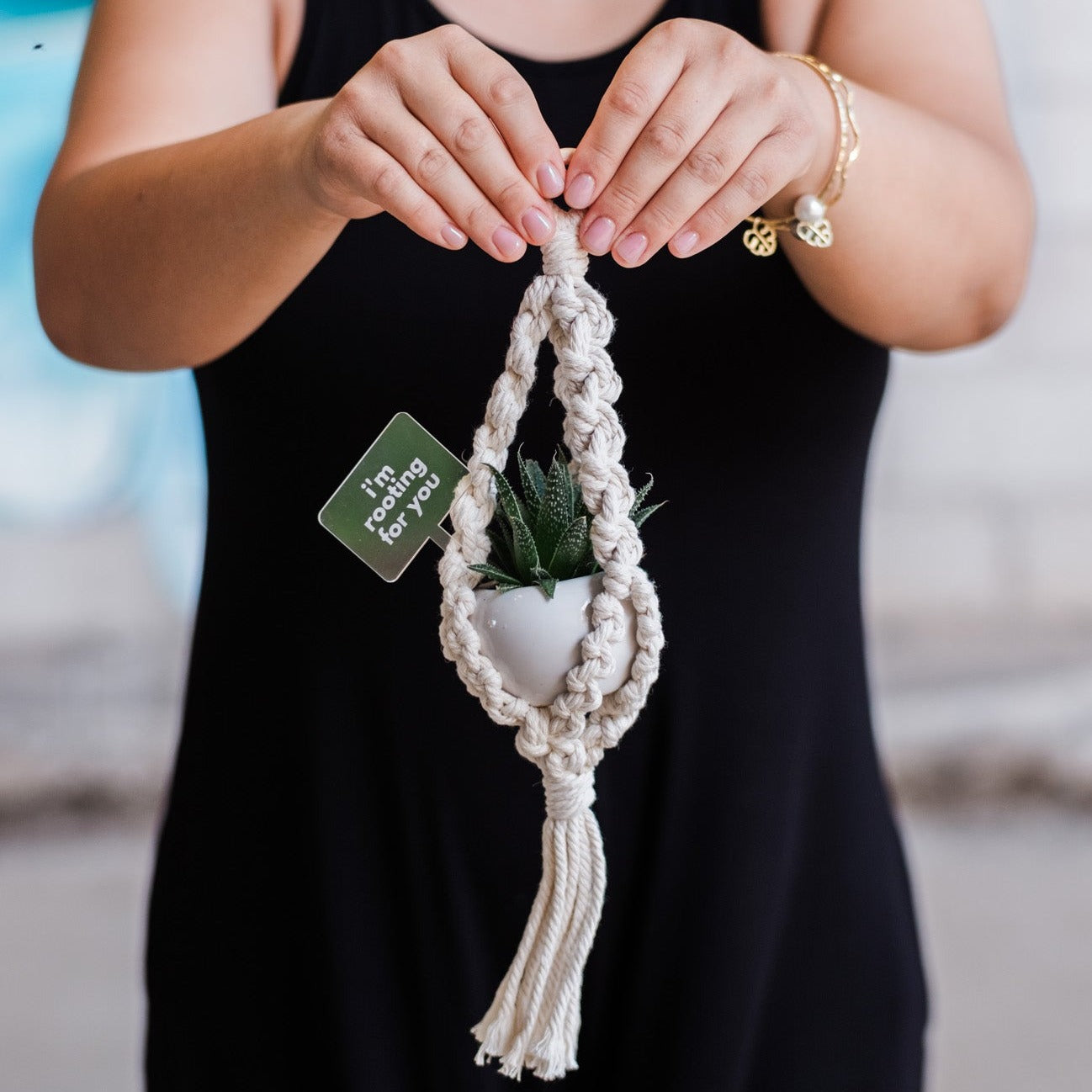 plant hanger rings Macrame Plant Hanger with Small Wooden Ring Taupe