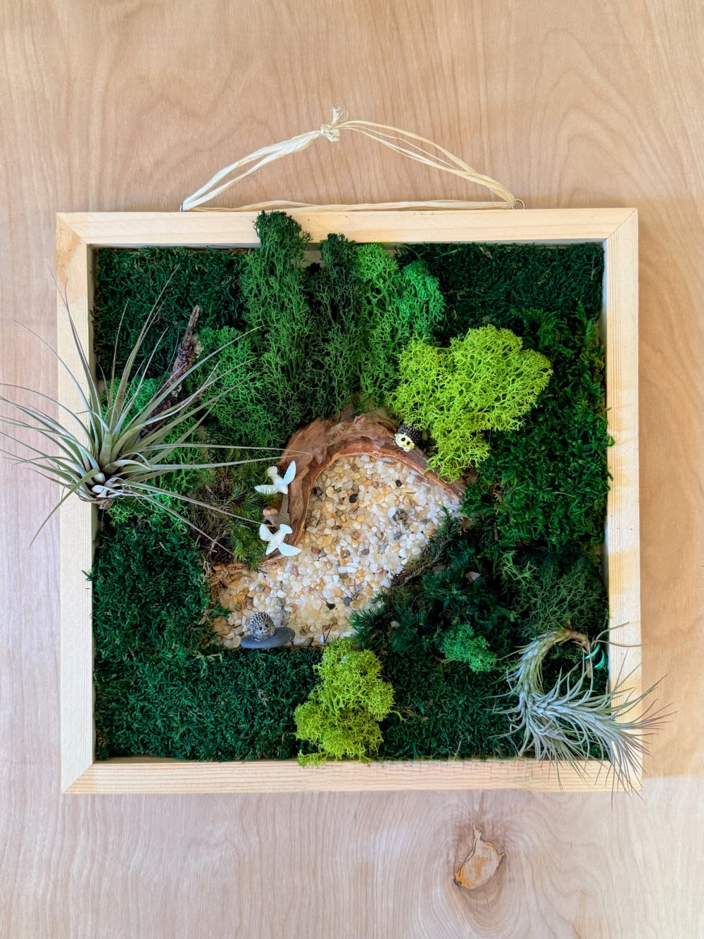 Moss wall art with a wooden frame on a wooden surface