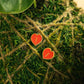 Two small red heart-shaped enamel earrings with gold borders resting on green moss wrapped in twine.