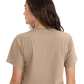 Woman wearing a beige t-shirt on a white background