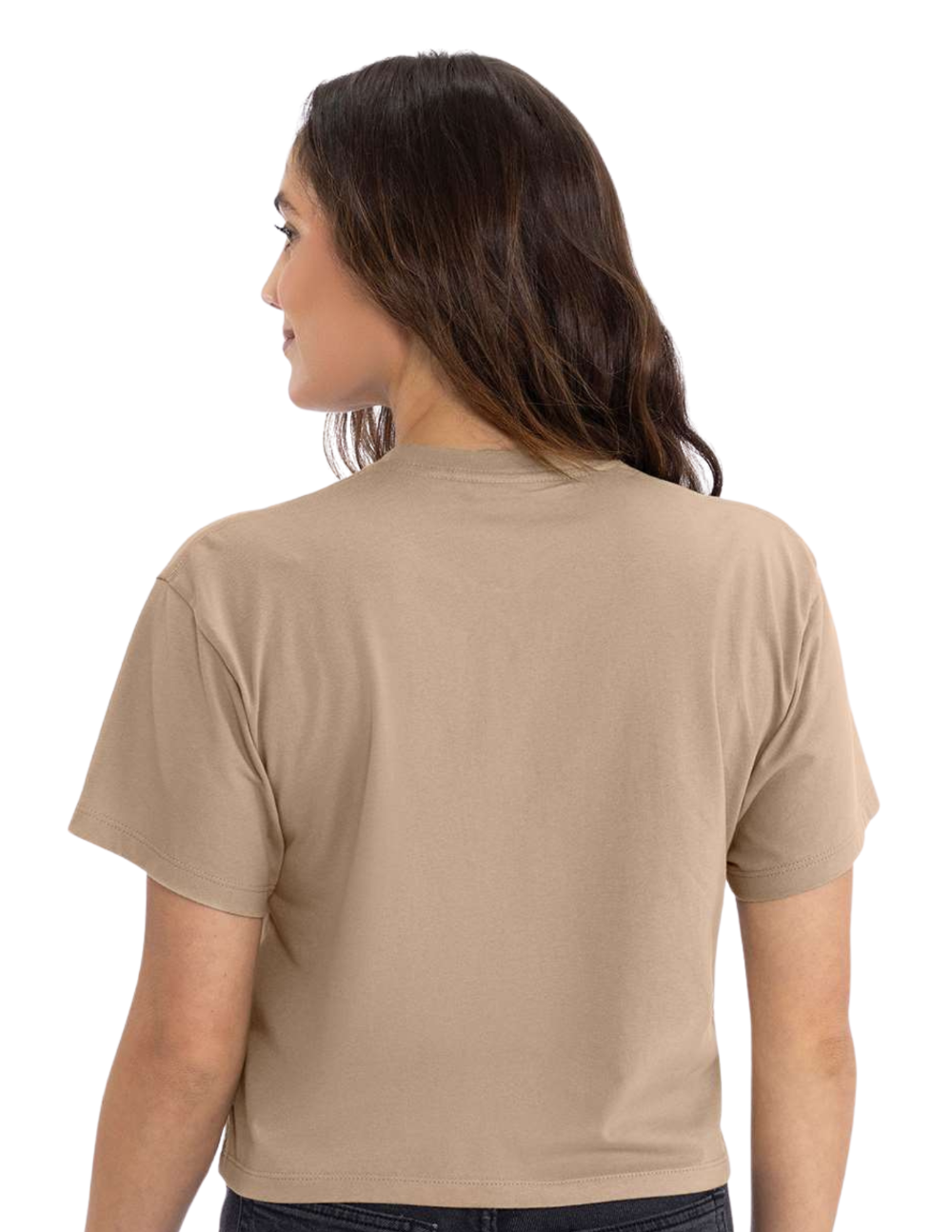 Woman wearing a beige t-shirt on a white background