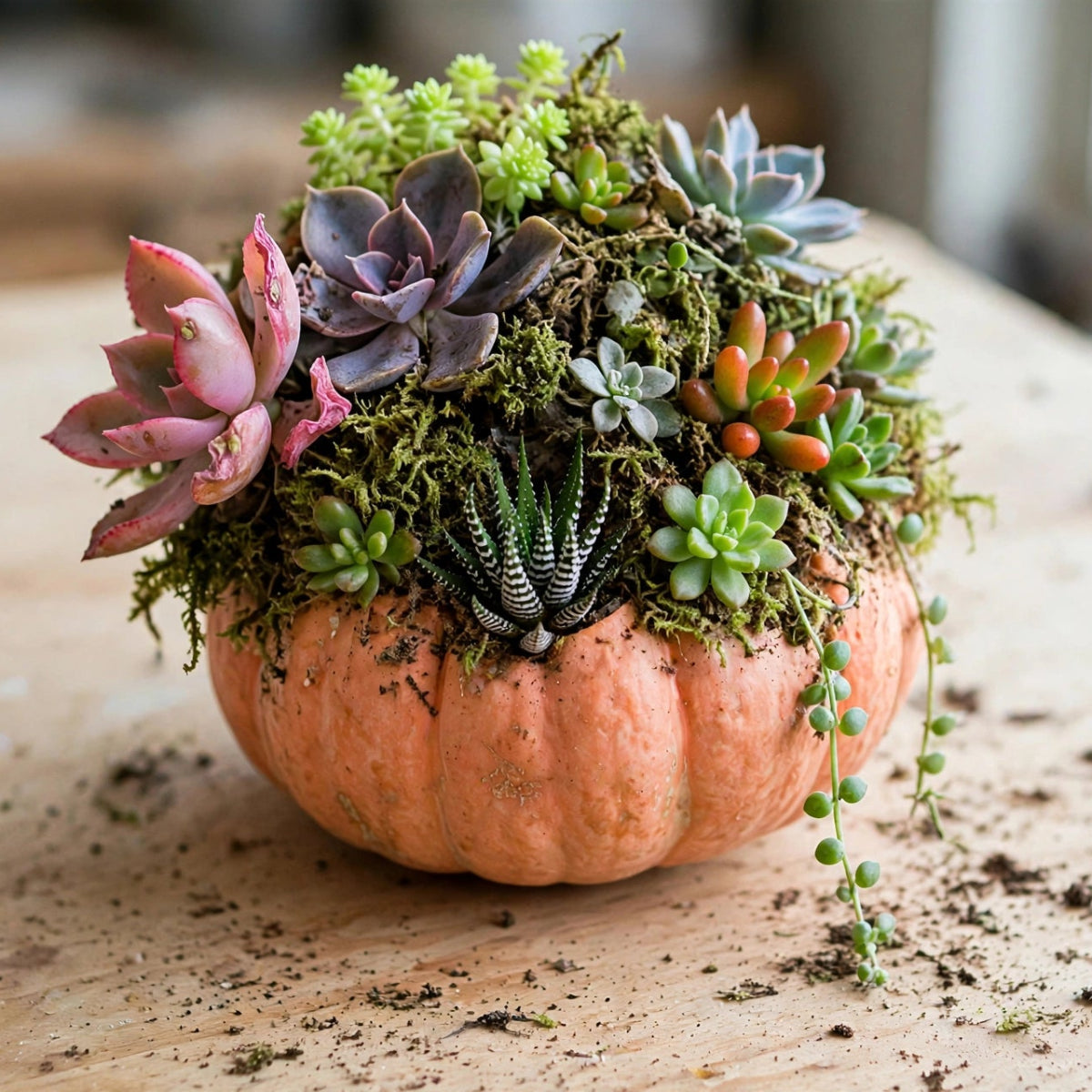 A small orange pumpkin planter filled with assorted green, purple, and pink succulents and moss, placed on a light wooden surface with soil scattered around it.