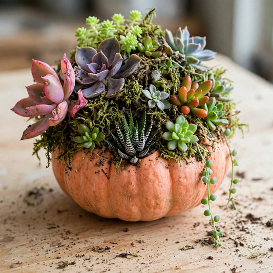 A small orange pumpkin planter filled with assorted green, purple, and pink succulents and moss, placed on a light wooden surface with soil scattered around it.
