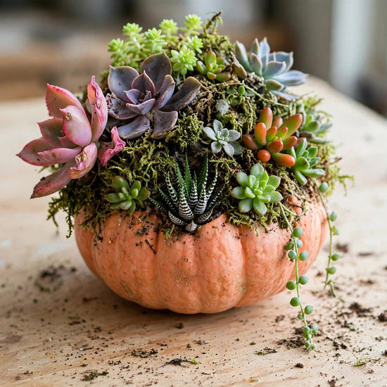 A small orange pumpkin planter filled with assorted green, purple, and pink succulents and moss, placed on a light wooden surface with soil scattered around it.