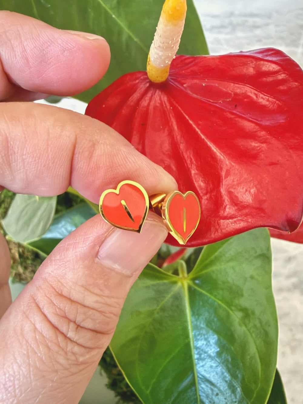 Heart-shaped earrings held in front of a red flower with green leaves.