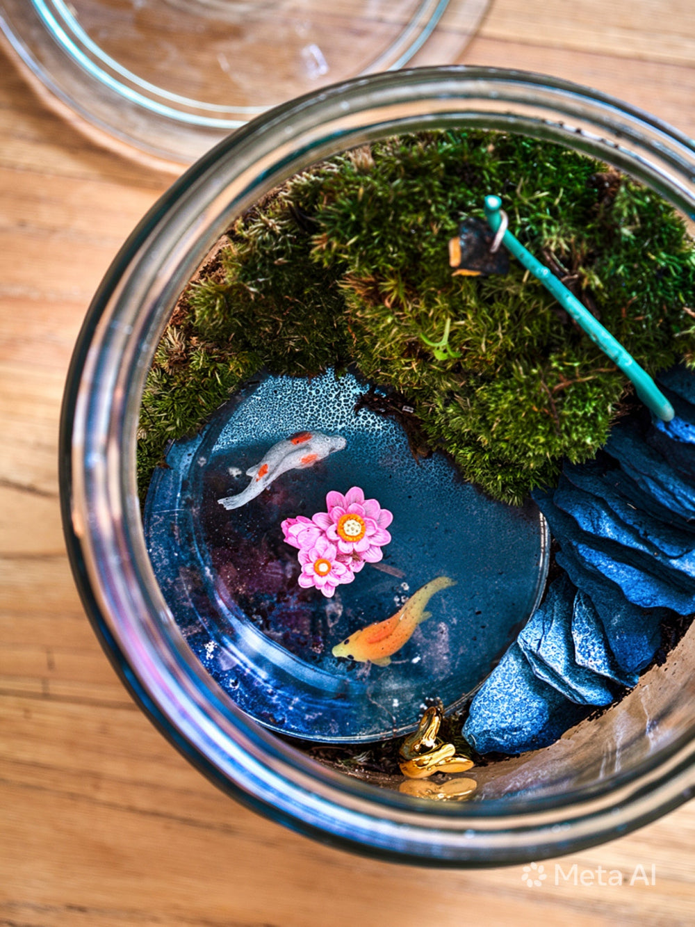 Jar with miniature pond setup including fish, flowers, and plants on a wooden surface