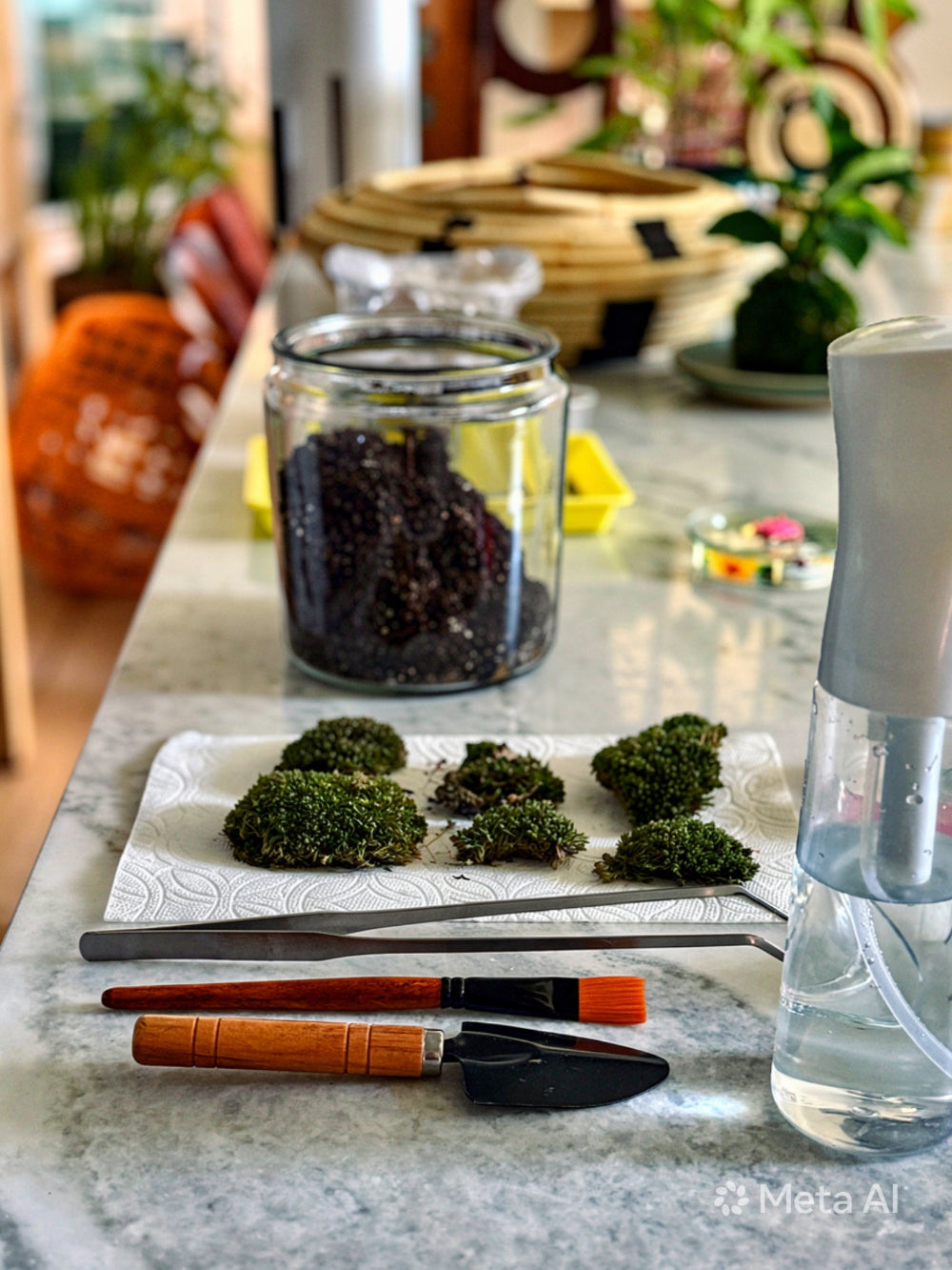 Moss on a plate with tongs and a jar on a marble surface