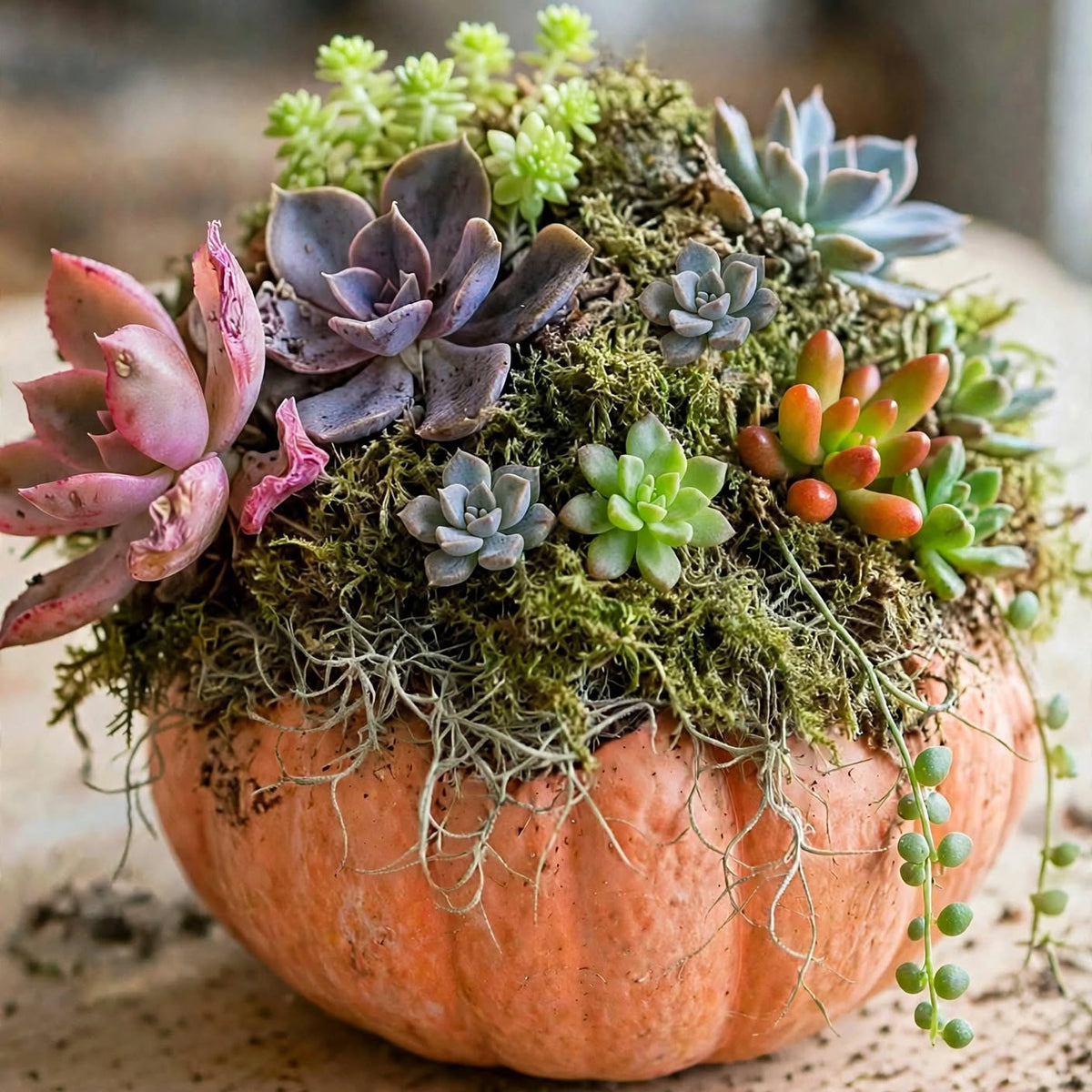 A decorative orange pumpkin planter filled with assorted green, blue, and pink succulents and moss, placed on a sandy surface with a blurred outdoor background.